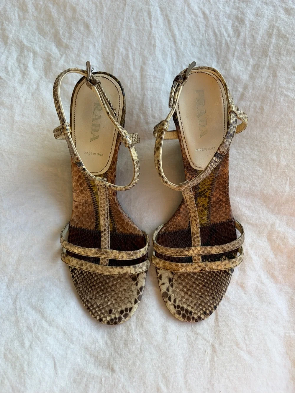 Vintage Prada Snake Python Animal Leather T Strap Wedges Heels Brown Tan Green